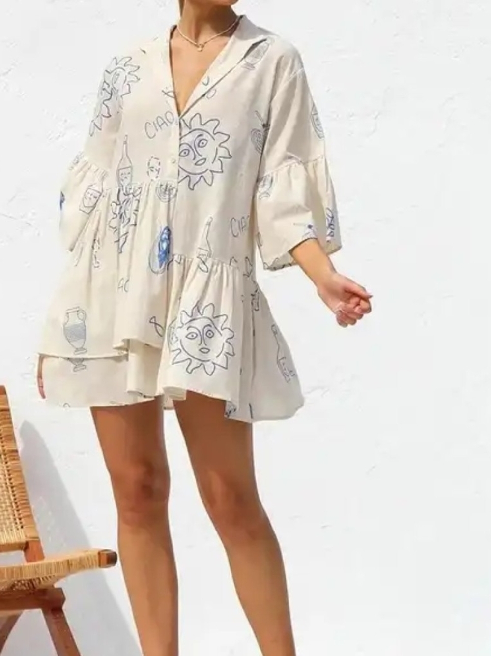 Commense Cream Tiered Button-Front Tunic with Blue Sun Motif